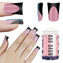 NOVO OVO Schwarze Fransen-Spitzen kurze Enten-Nailtips, BERRY PINK, vorgestaltete Soft-Gel-Nagelverlängerung