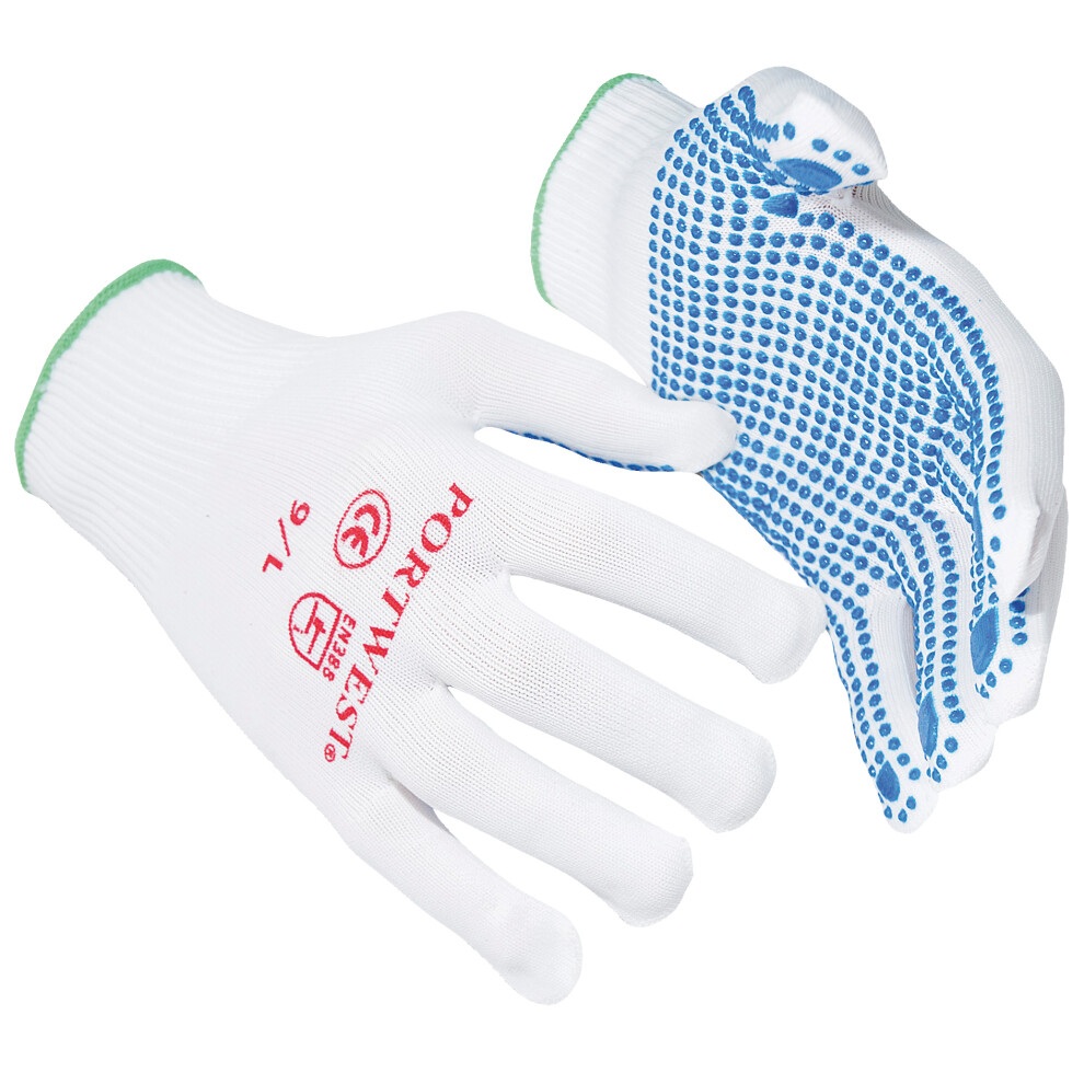 Portwest (M, /White) Nylon Polka Dot Gloves (A110) / Safetywear / Workwear (Pack Of 2) Blue