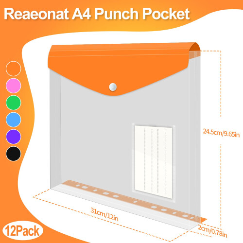 Punched Pockets Plastic Wallets, 12Pcs A4 File Folders for Document Paperwork Clear Assorted Coloured Envelope with Label Pocket Snap Button Ring 1