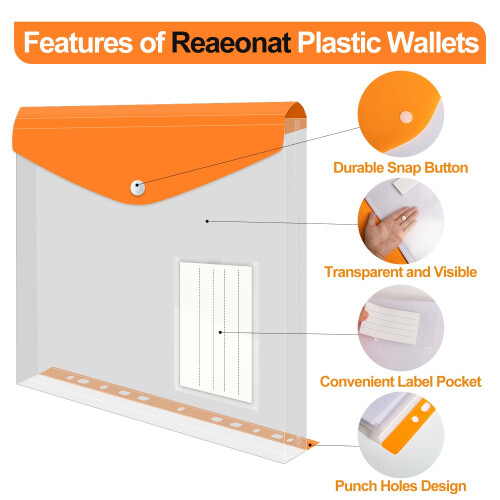 Punched Pockets Plastic Wallets, 12Pcs A4 File Folders for Document Paperwork Clear Assorted Coloured Envelope with Label Pocket Snap Button Ring 2