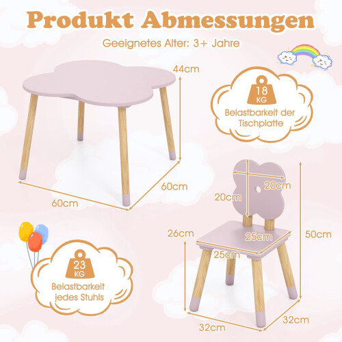 Kindertisch-Set in Blumenform, Rosa, Holz, 1 Tisch + 2 Stühle 1