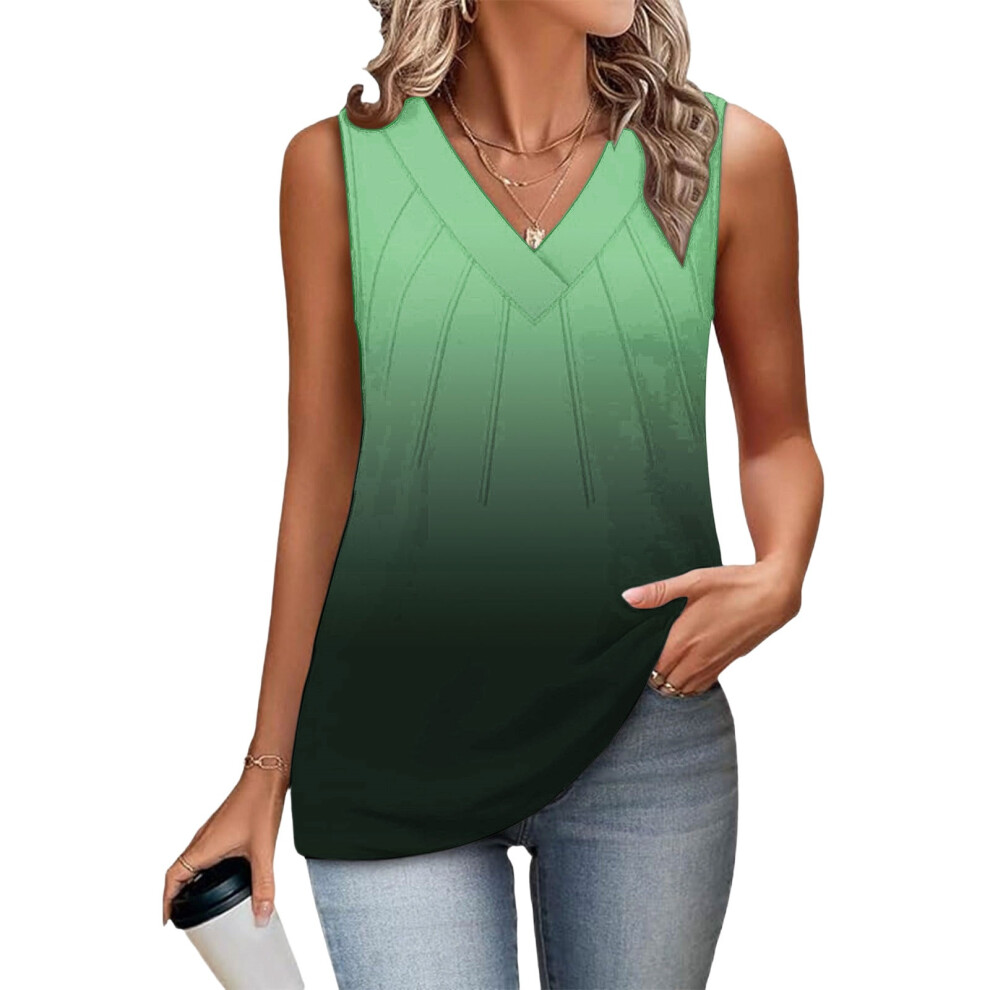 Green Women's Sleeveless Tops, Loose Fit, V-Neck, Summer,- L