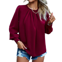 Womens Dressy Tops Fashion Long Sleeve Frill-Burgundy XL
