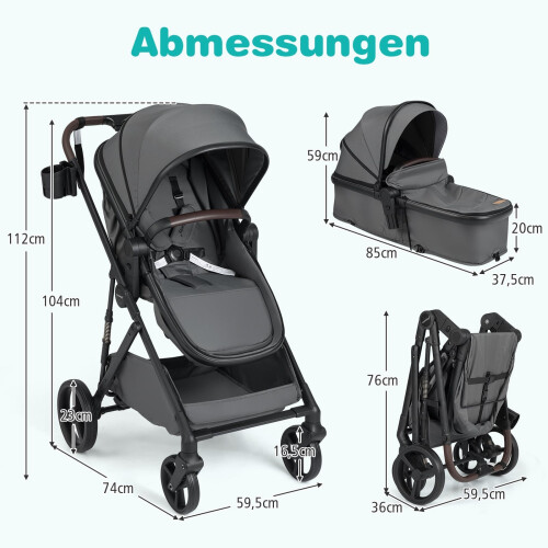 Faltbarer 3-in-1-Kinderwagen mit wendbarem Sitz, Grau 1