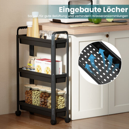 Schmaler, dreistöckiger Küchenwagen mit Griffen, schwarz 2