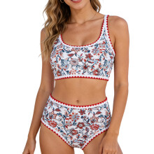 Stylish Printed Tankini Set Polyester Fabric-safflower L