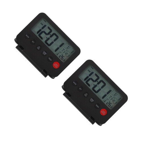 2Pcs Compact Black Bedside Alarm Clock with Night Light and Flip Cover