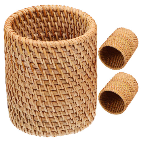 3Pcs Round Khaki Rattan Pen Cups Versatile Desktop Pencil Holders
