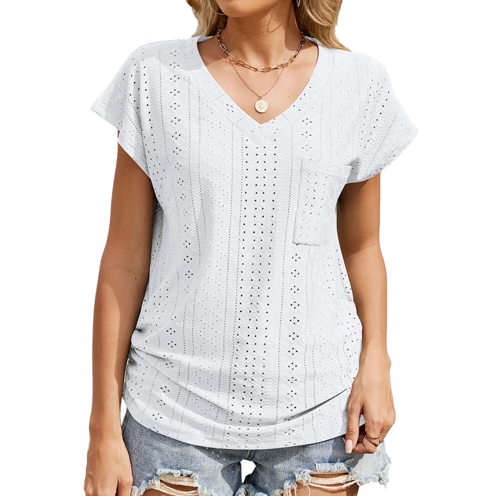 White Womens Top Spring V Neck Shirts Casual Trendy- M