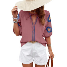 Women's work button-down shirt, long-sleeved V-neck-Pink S