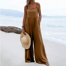 Womens High Waist Sleeveless Jumpsuit Wide Leg-Khaki L