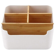 Elegante e moderno organizer da scrivania con divisori regolabili in legno di bambù e porta telecomando, ideale per casa e ufficio.