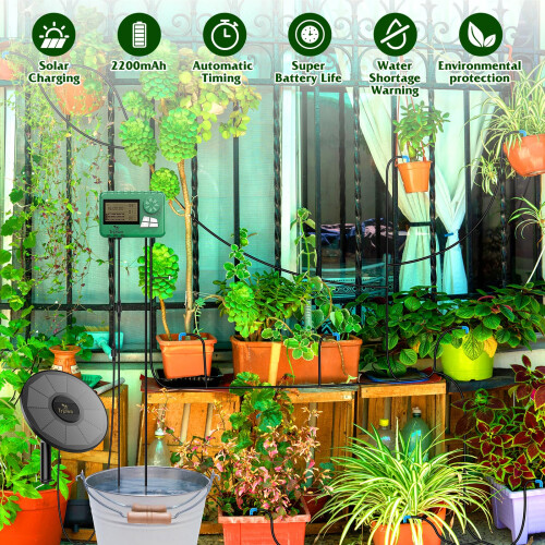 TRJZWA Solar Irrigation System Kit with Early Warning Function,DIY Solar Automatic Drip Irrigation Kits,Programmable Water Timer w 1
