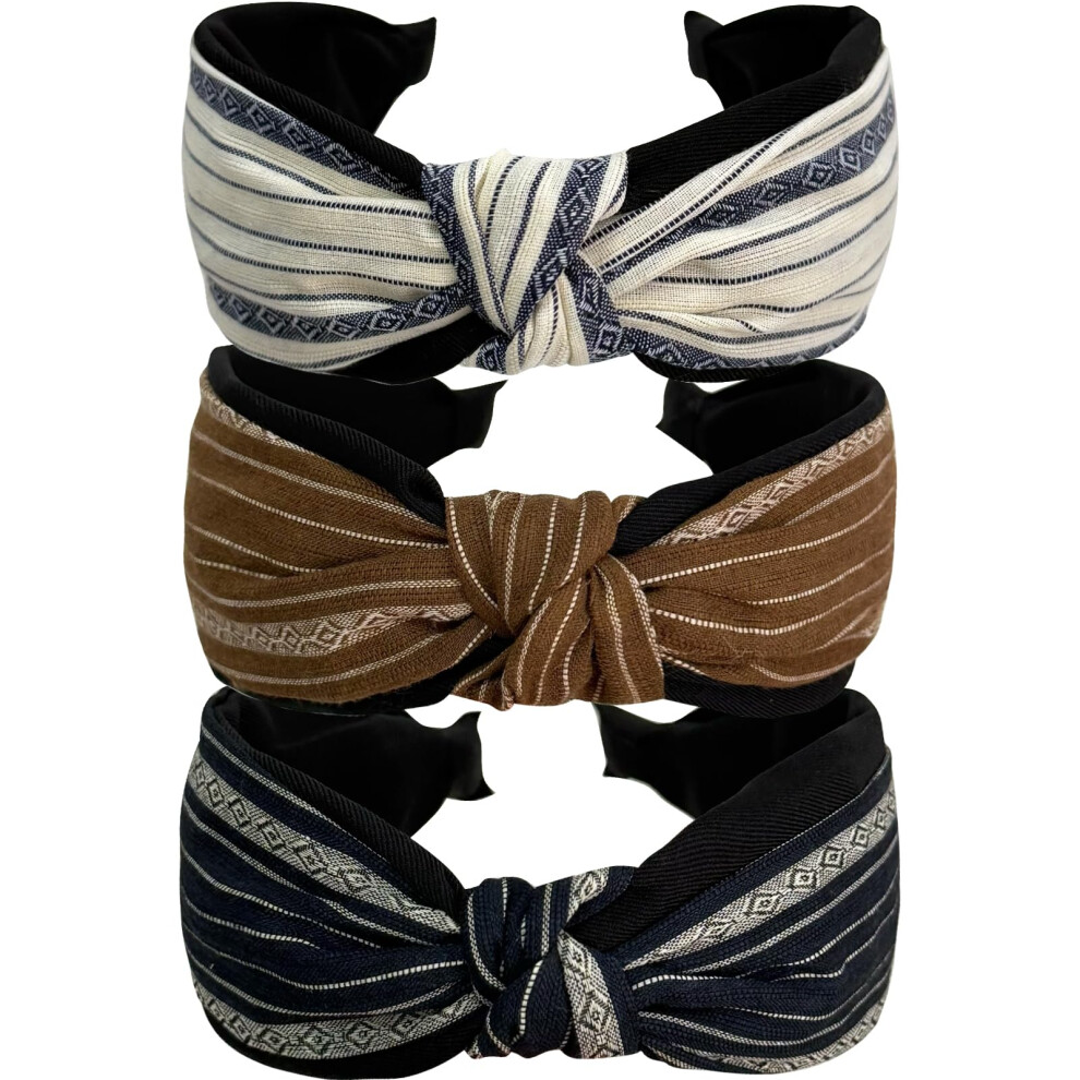 Jseng Unisex 3Pc Boho Braid Headband Cloth Cross Knot Elastic Hair Hoop Striped Linen Wide Hairband For Women