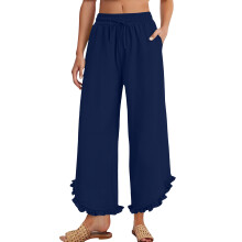 Women's linen wide-leg trousers with pleats,-Dark Blue S