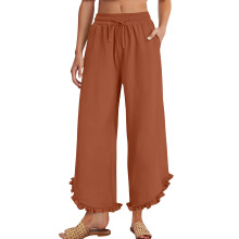 Women's linen wide-leg trousers with pleats, ruffled-Orange XXL