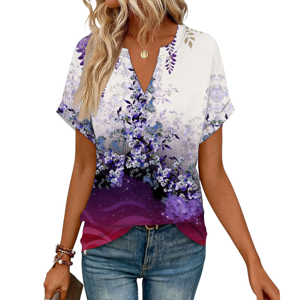 Purple Women's Short Sleeve V-Neck Blouses, Work Blouses,- M