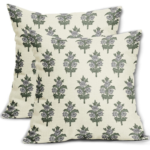 Conjunto de 2 capas de almofada florais em tons de verde sálvia e cinza, 45x45 cm (18x18 polegadas).