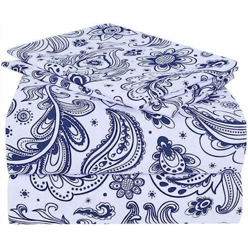 Navy Paisley Microfiber Sheet Set, Cal King, 4-Piece