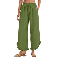Women's linen wide-leg trousers with pleats, ruffled-Green XL