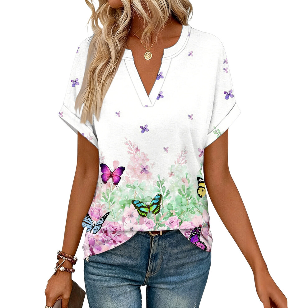 White Women's Short Sleeve V-Neck Blouses, Work Blouses,- L