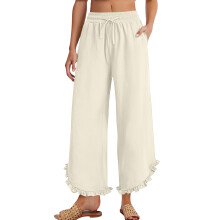 Women's linen wide-leg trousers with pleats, ruffled-Beige S