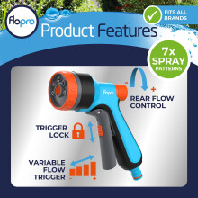 FLO-PRO - Multi Spray Gun: 7 x Patterns Soft, Rose, Fan, Fill, Mist, Jet, Cone. Hose Gun Includes Trigger with Lock & Flow Control