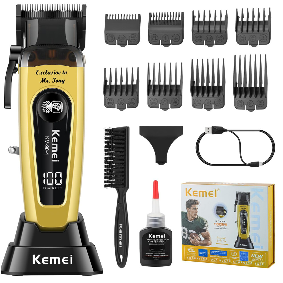Kemei 90-4 Professional Hair Clippers For Men, 11500 Rpm Barber Clippers With Led Display, Cordless Hair Trimmer With Dlc Blade & Charging Base, 2000