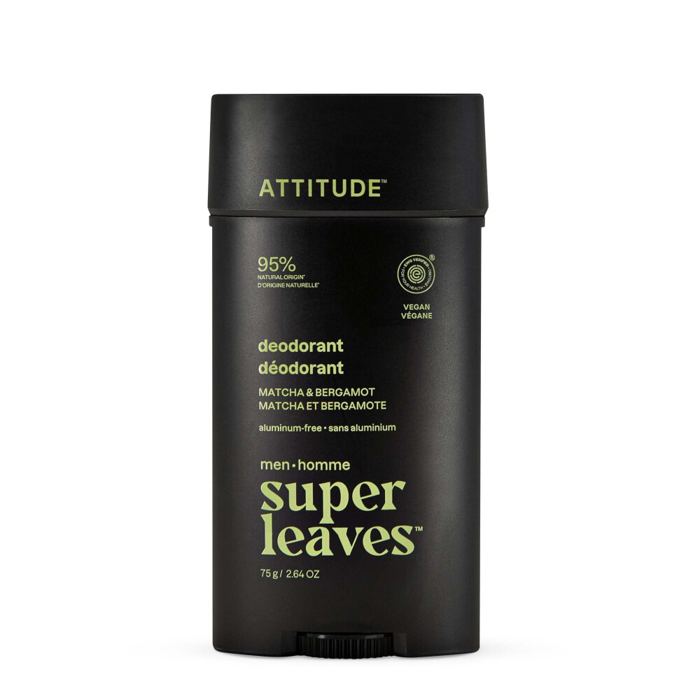 Attitude Aluminum-Free Deodorant For Men, 95% Natural Origin Ingredients, Ewg Verified, Plant Based Odor Control, With Baking Soda, Matcha & Bergamot,