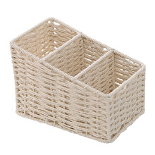 Beige Woven Desktop Organizer with 3 Compartments
