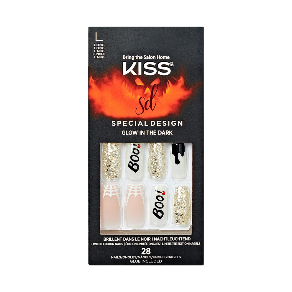 Kiss Pink Special Design Halloween Fake Nails, Glow-In-The-Dark, Style Party Till I Die, With Gel Nail Glue, Mini Nail File, Manicure Stick, & 28 Fals