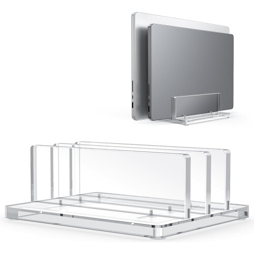 Suporte vertical duplo para laptop em acrílico transparente de 17 polegadas.