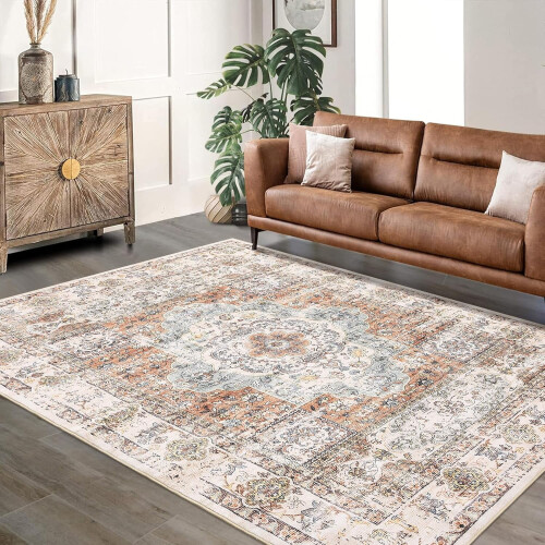 Boho tæppe orange, 1,5x2,1 meter, maskinvaskbart