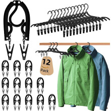 12-Pack Black Foldable Travel Hangers with 24 Clips