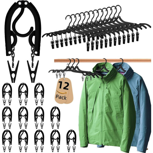 12-Pack Black Foldable Travel Hangers with 24 Clips