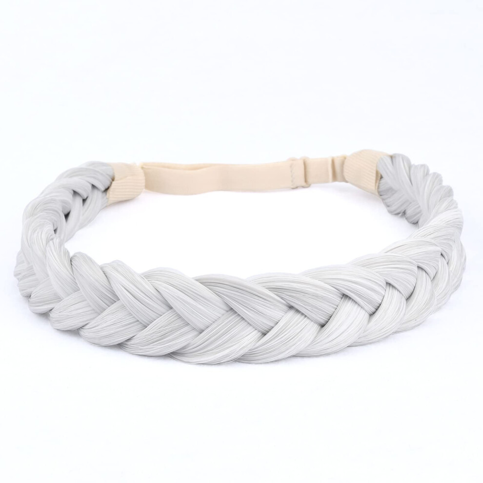 Bobiya 2 Strands Synthetic Hair Braided Headband Classic Chunky Plaited Braids Elastic Stretch Hairpiece For Women Girl Beauty Accessory (White Gray)
