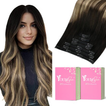 YoungSee Extensiones de Cabello Humano Clip en Ombre Negro a Marrón Oscuro y Rubia Balayage
