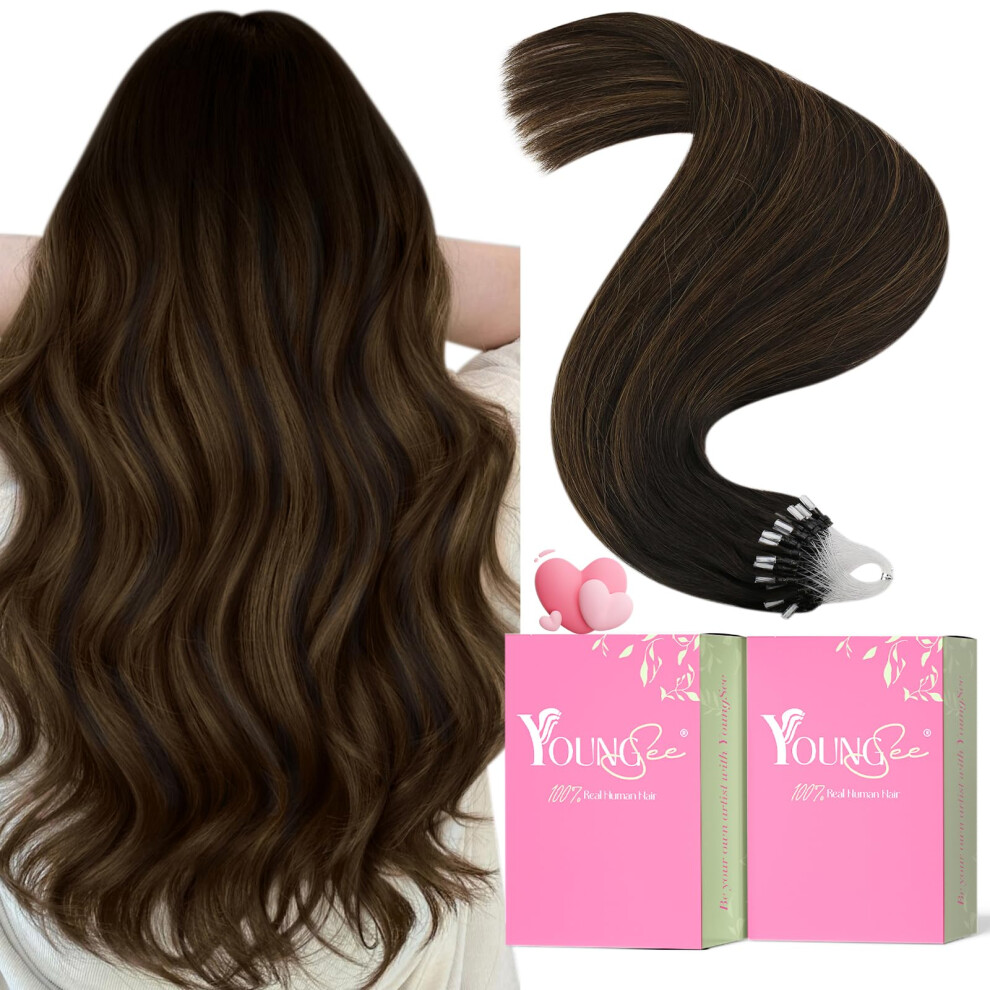 Youngsee Unisex Brown Micro Beads Hair Extensions Microloop Hair Extensions Human Hair Dark Balayage Bead Hair Extensions Real Human Hair 22 Inch Ombre