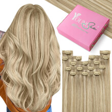 YoungSee Extensiones de Cabello Clip en de Cabello Humano Real Rubias con Reflejos