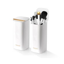 Upgrade Makeup Brush Holder Organizer with Lid, Automatic Lifting Dustproof Makeup Brushes Organizer with 4 Compartments for Vanity,Cosmetic Storage f