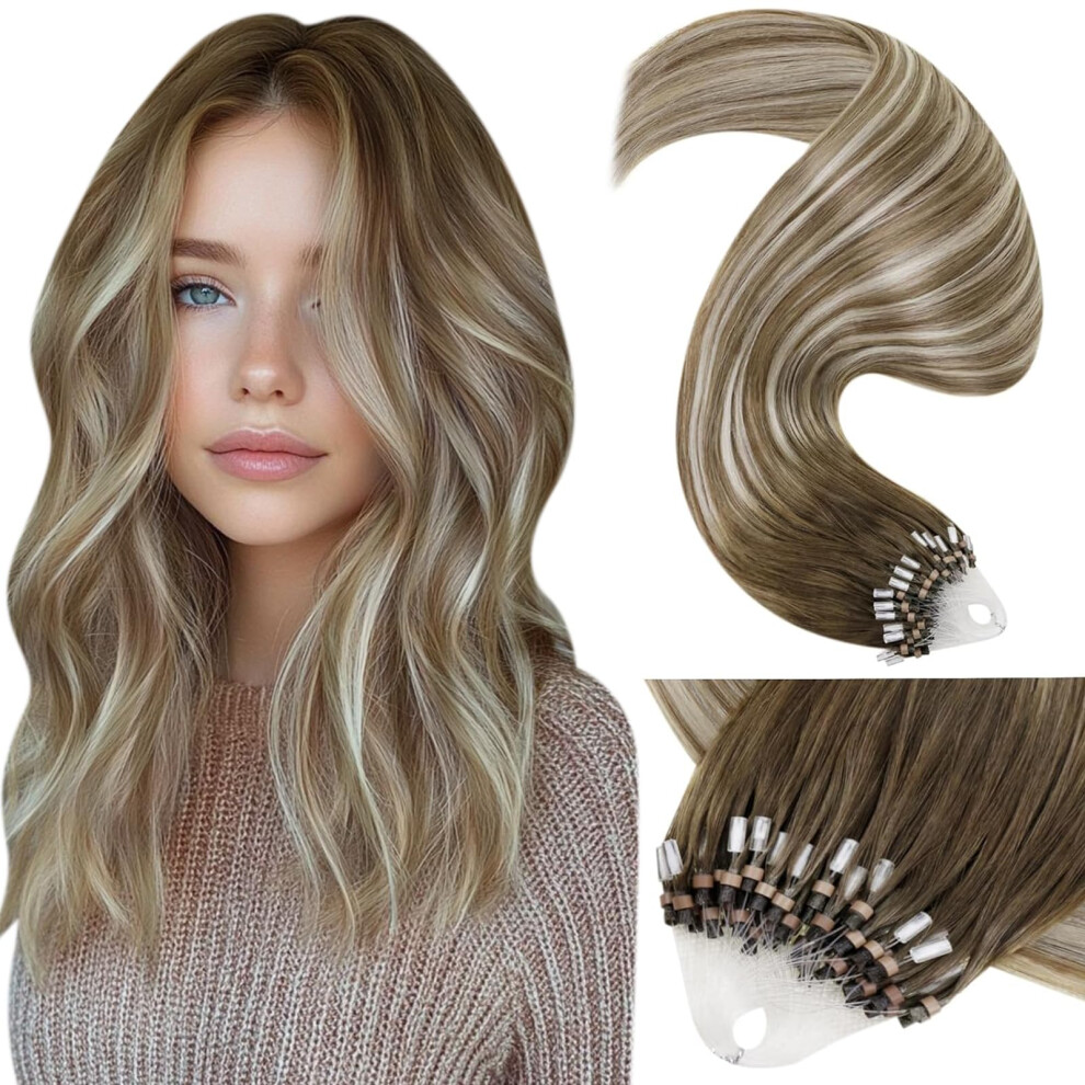 Laavoo Microlink Hair Extensions Balayage Micro Loop Hair Extensions Real Human Hair Ombre Ash Brown Fading To Platinum Blonde 50G/50S 22Inch
