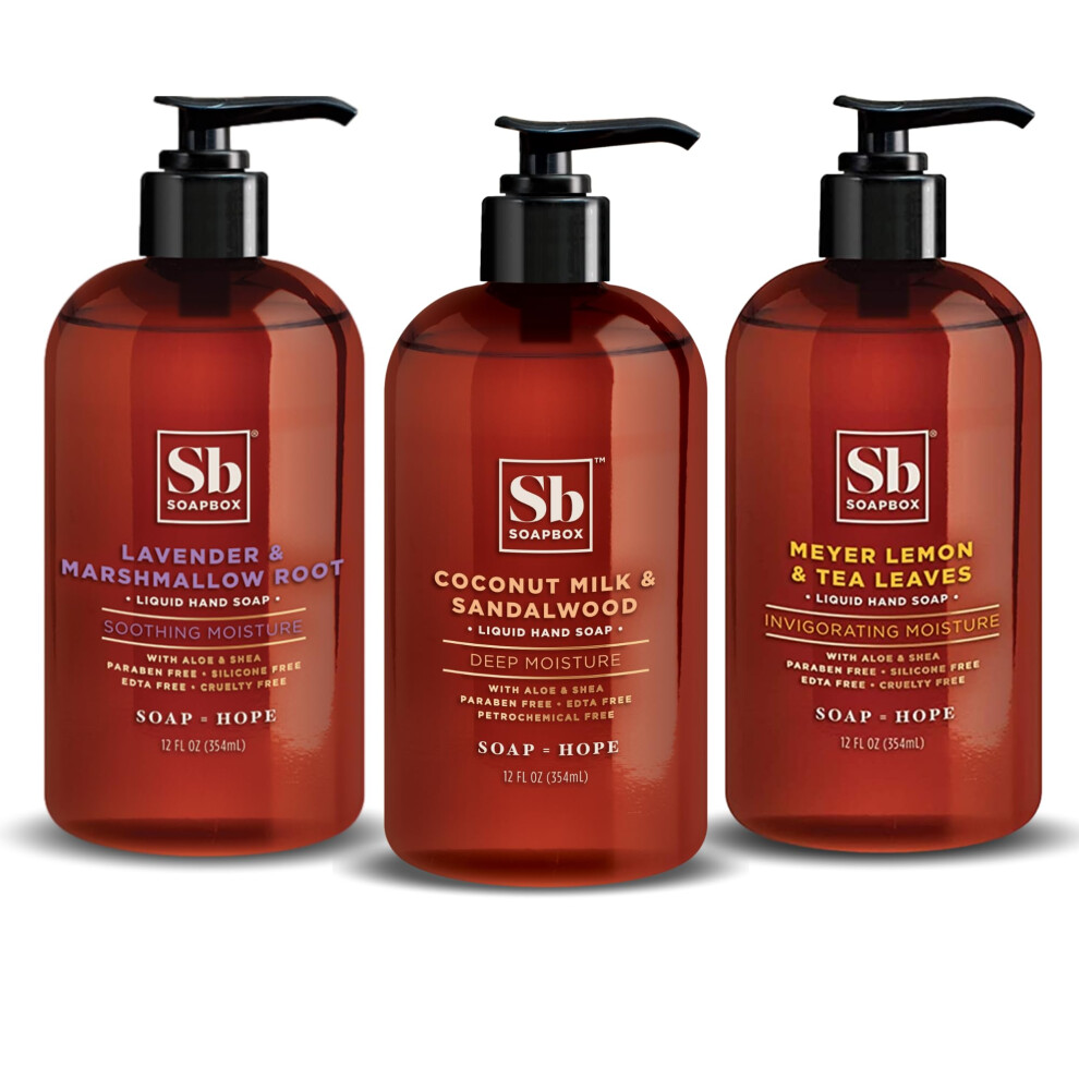 Soapbox Lavender Hand Soap Variety Pack (Coconut, Meyer Lemon) Liquid Hand Soap, Moisturizing Wash With Shea Butter & Aloe Vera, Pack Of 3 Bottles Wi