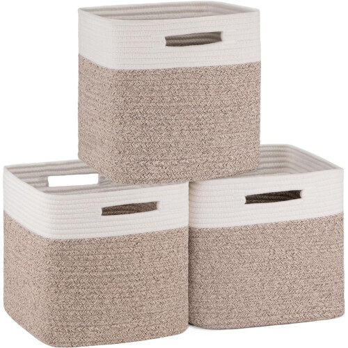 3-Pack Cotton Rope Cube Storage Bins 11 in White Brown