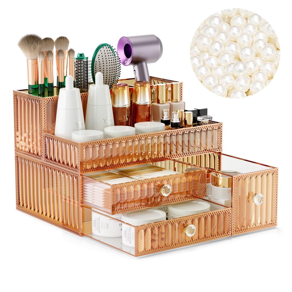 Youdepot Makeup Organizer Golden- Tempered Glass Vanity Organizer For Cosmetics, Skincare, Hair Tools, Brushes, Perfume - Multipurpose Bathroom Counte