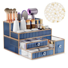 Youdepot Makeup Organizer Blue - Tempered Glass Vanity Organizer for Cosmetics, Skincare, Hair Tools, Brushes, Perfume - Multipurpose Bathroom Counter