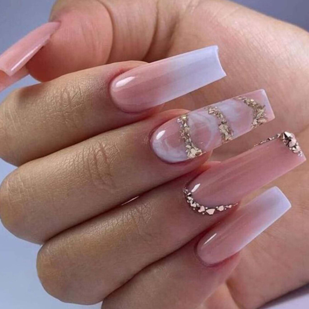 Gifiky Pink Marble Nails Fake Nails Long Coffin Press On Nails Bling Nails Tips Crystal Gem Design Full Cover Gradient False Nails For Women And Girls