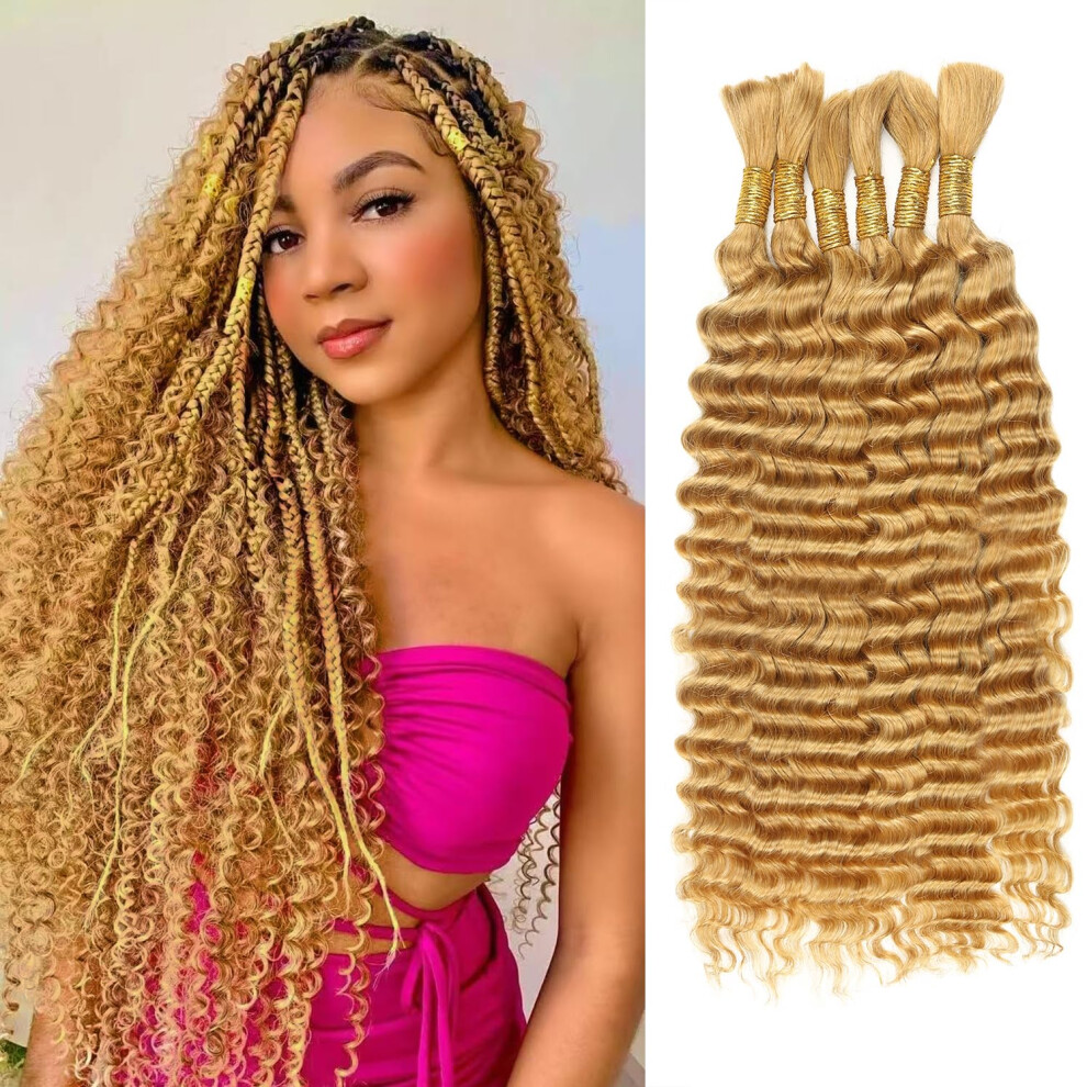 Cyorhrt Honey Blonde Human Braiding Hair For Boho Braids,150G 18 Inch 6 Bundles Blonde Deep Water Wave Bulk Boho Curly Human Hair For Braiding, 27# No Weft We
