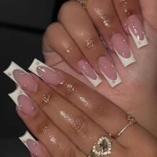 Gifiky Uñas Postizas Francesas Blancas Largas Coffin con Perlas 24 Piezas