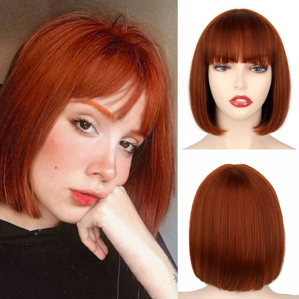 Werd Auburn Red Wig Bangs, Short Red Bob Wig For Women, Auburn Bob With Bangs For Daily Party Cosplay