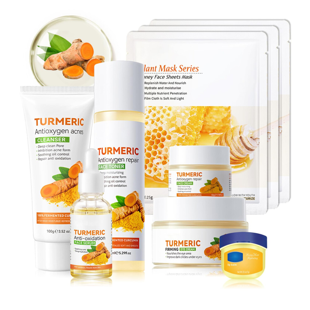 Junkujk 9 Pcs Turmeric Skin Care Set With Facial Cleanser,Toner,Face Serum,Face Cream,Eye Cream,Moisturizing Lip Balm,Hydrating Face Sheet Masks Skin Care Kit